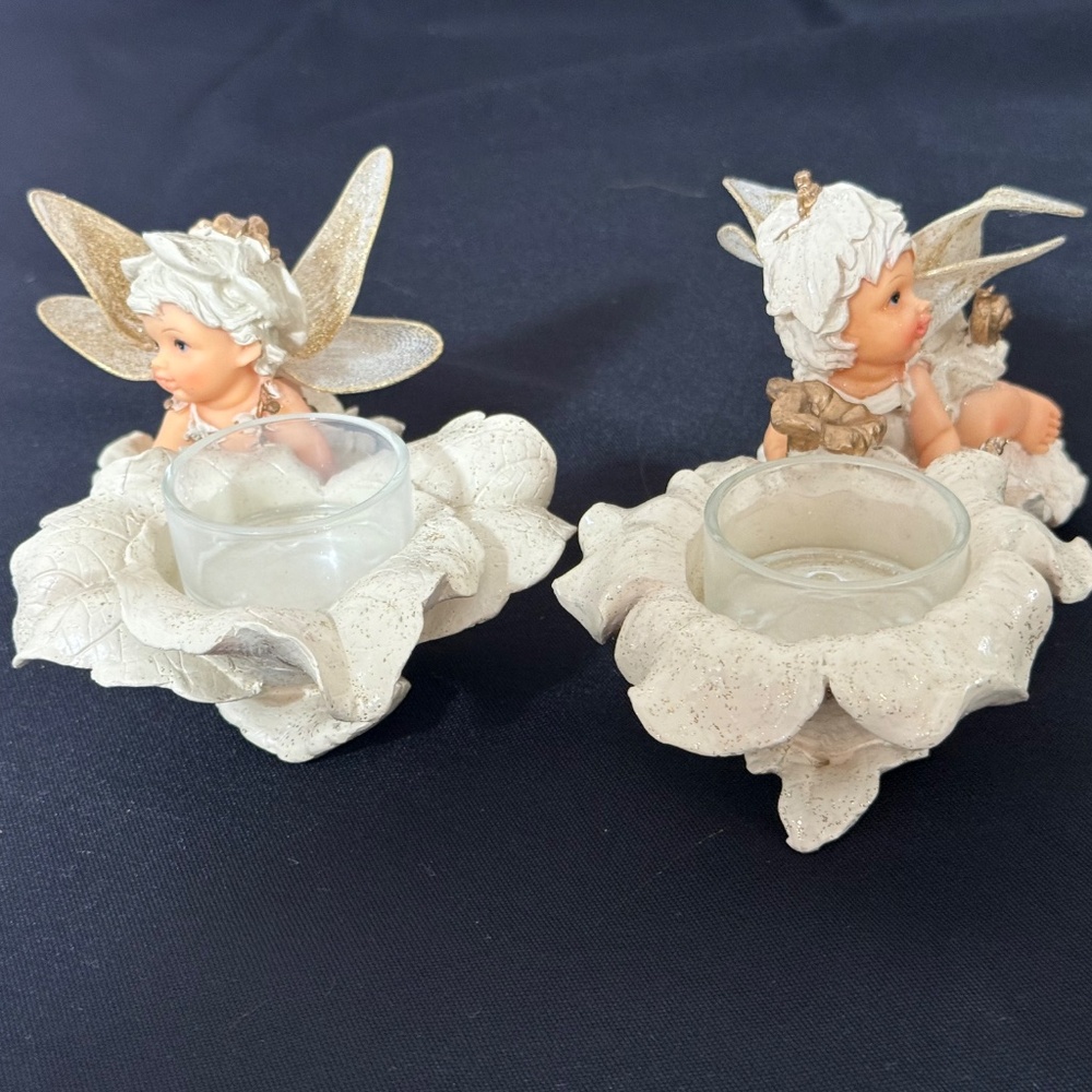 Fairy Figurines 2 Tea Light Candle Holders White w Gold Glitter Laying Flower